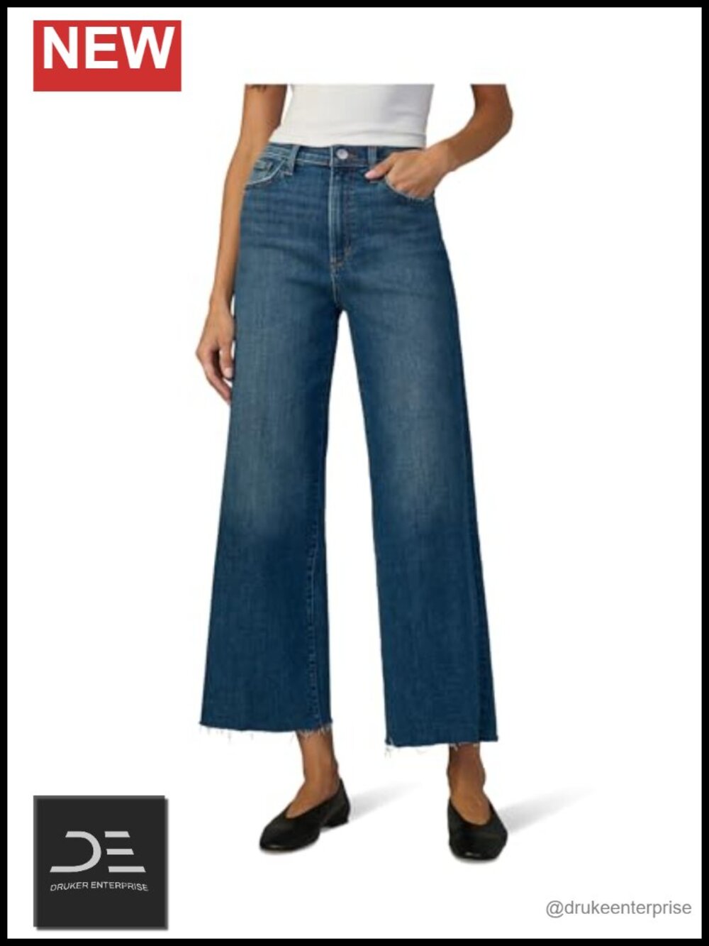 High Rise Wide Leg Ankle Jeans with Seams - Cotton Blend Stretch